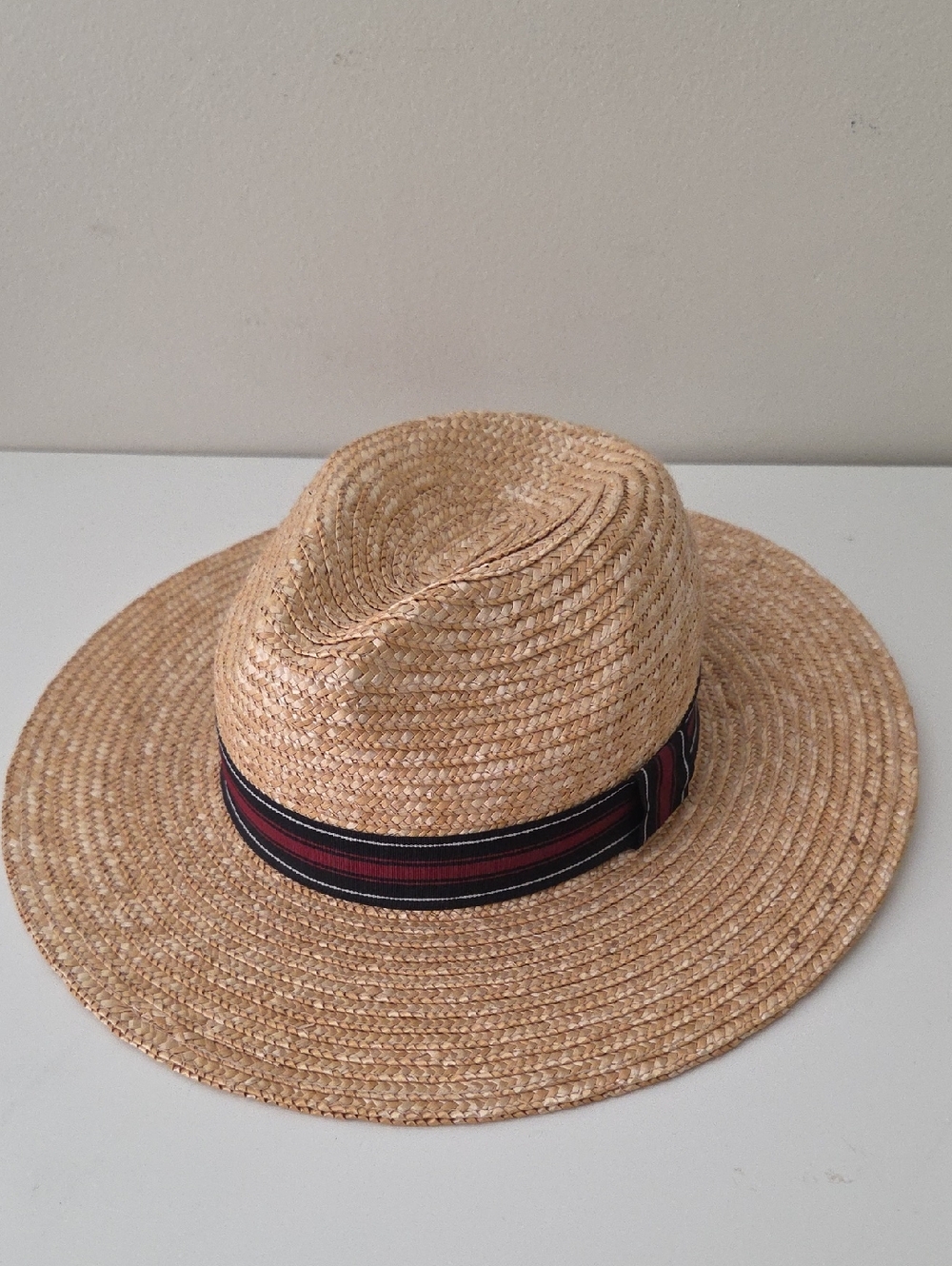 Men's Natural Straw Fedora with Black and Red Ribbon Band